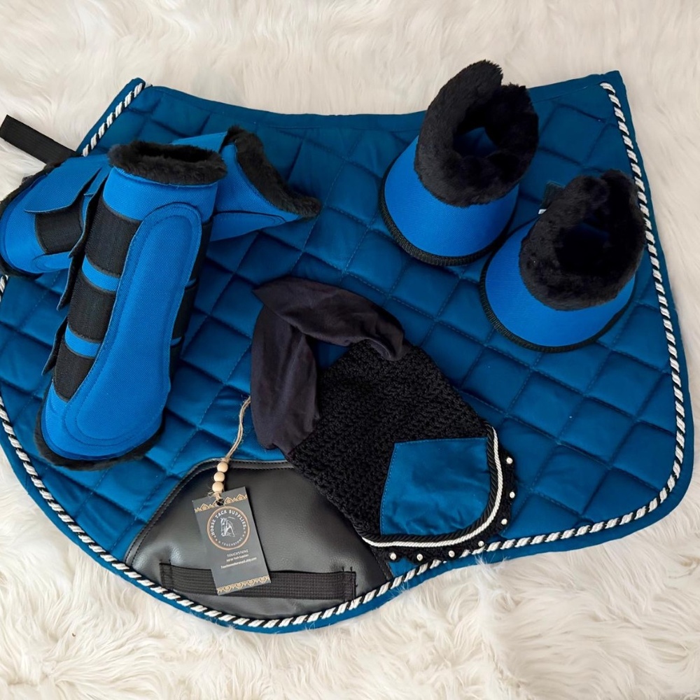 Marine Blue Saddle pad, Fly veil, Brushing Boots and bell boots